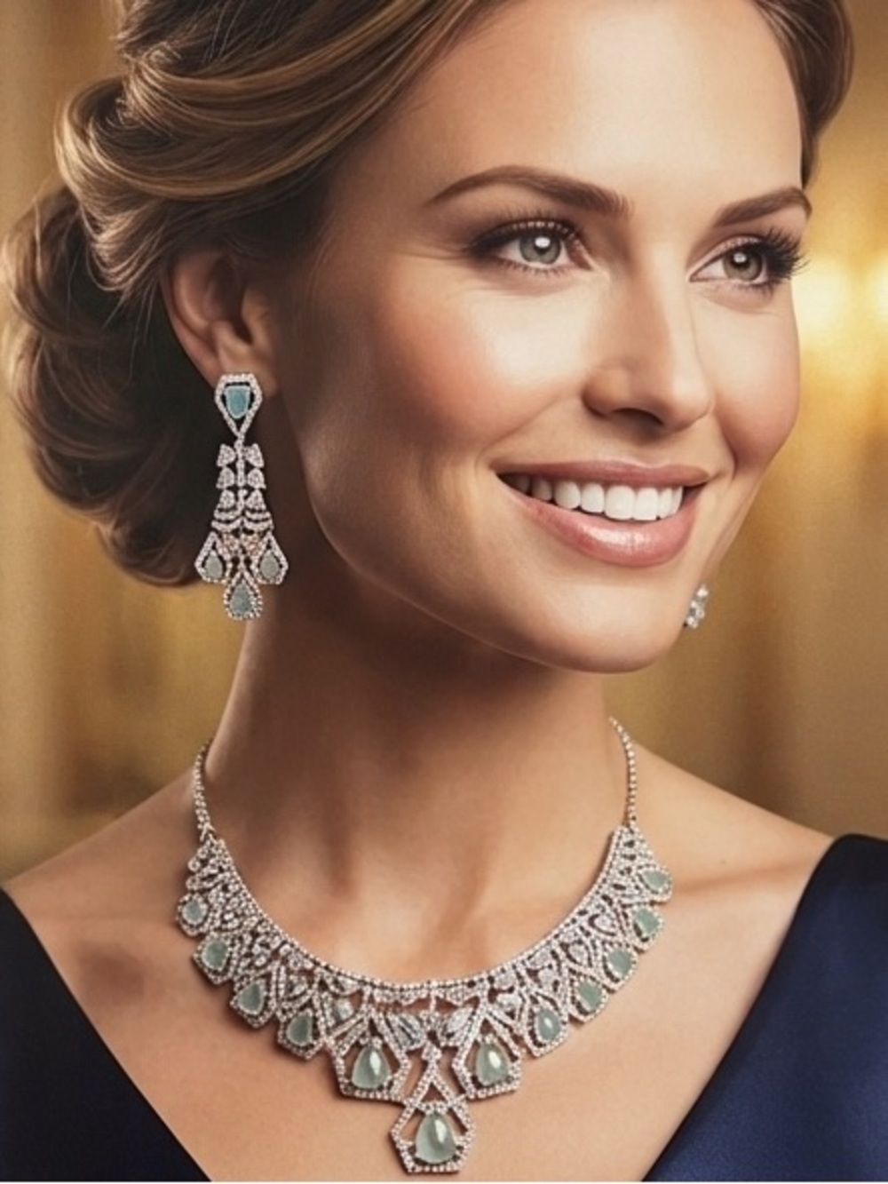 Mint Quartz and American Diamond Necklace - Mint Green with earring ; jewel